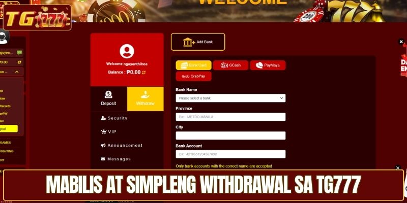 Mabilis at simpleng withdrawal sa TG777